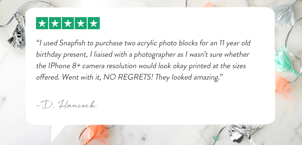 Customer review regarding acrylic photo blocks rating 5