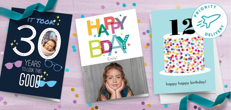 three birthday cards with priority delivery logo