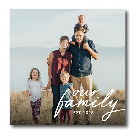 Snapfish Photo Tile featuring a family photo with the phrase our family established 2015
