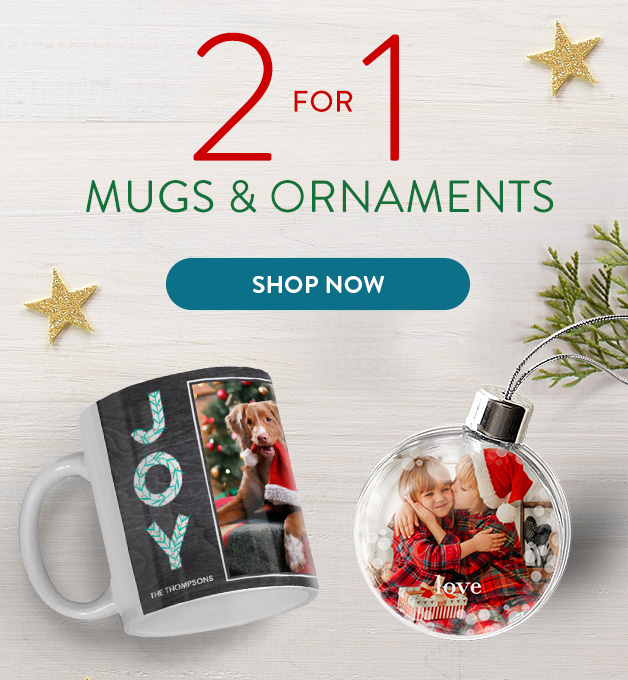 2 for 1 Mugs and Ornaments!